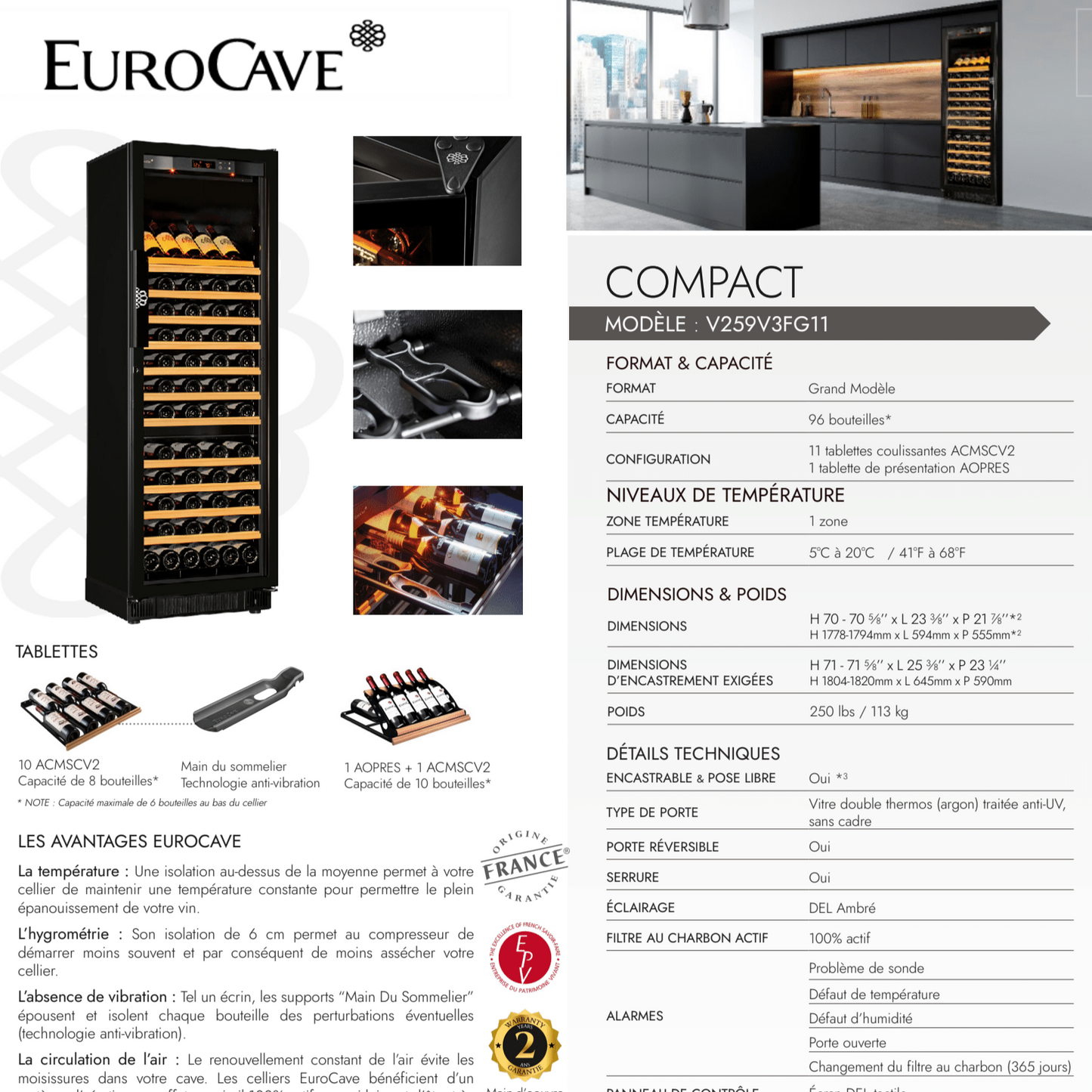 Cellier Eurocave Compact - Modèle Large - 96 bouteilles