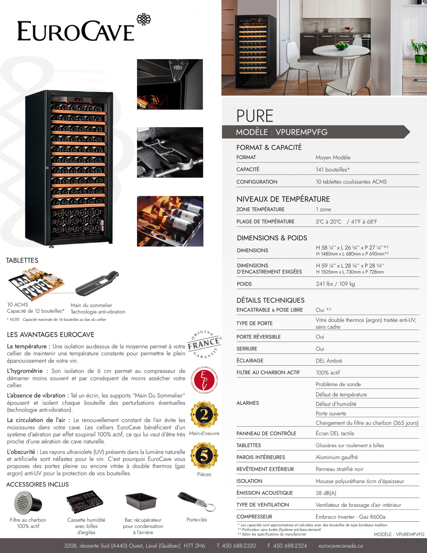 Cellier EuroCave Pure - Modèle Medium - 141 Bouteilles