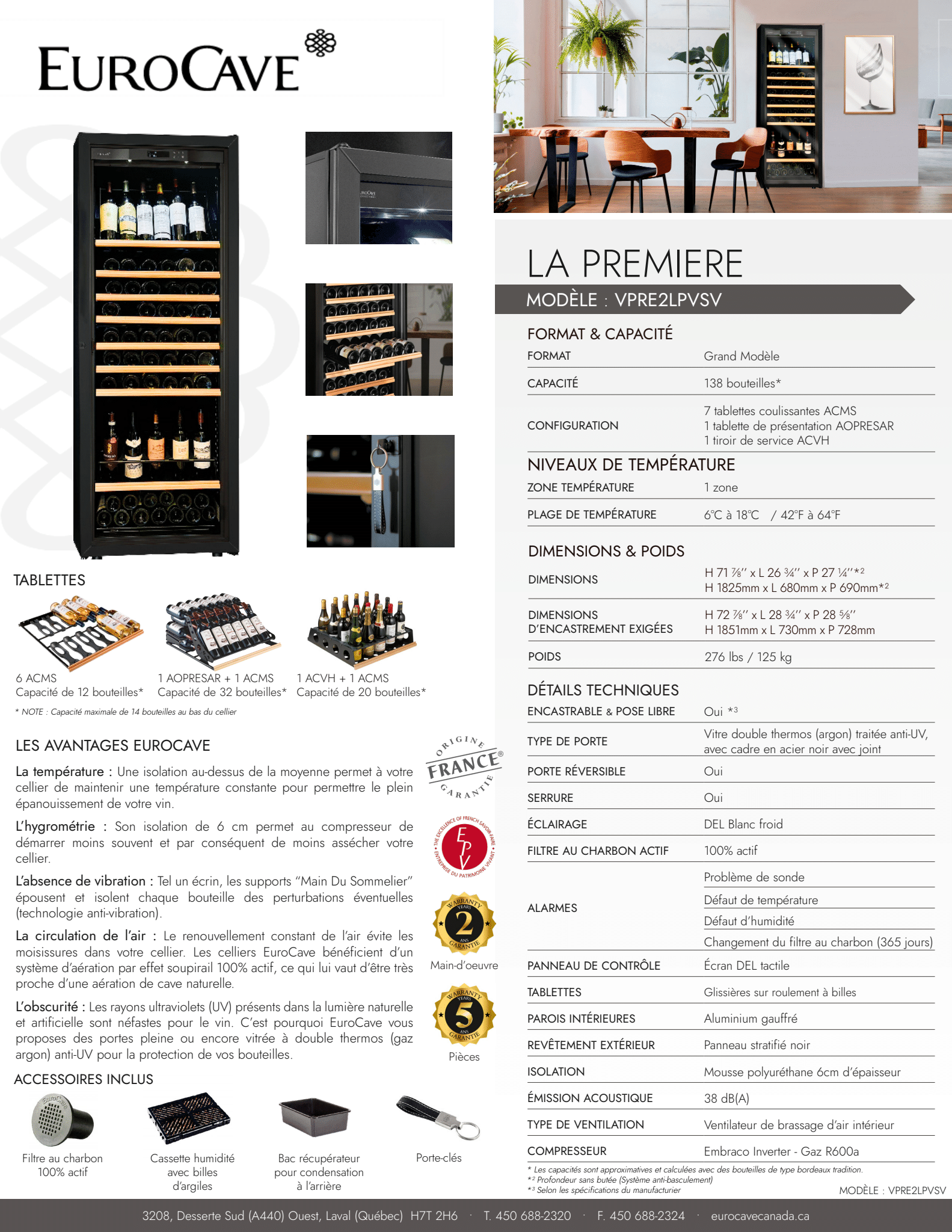 Fiche technique du cellier EuroCave La Première Medium 141 bouteilles – caractéristiques, dimensions et consommation énergétique