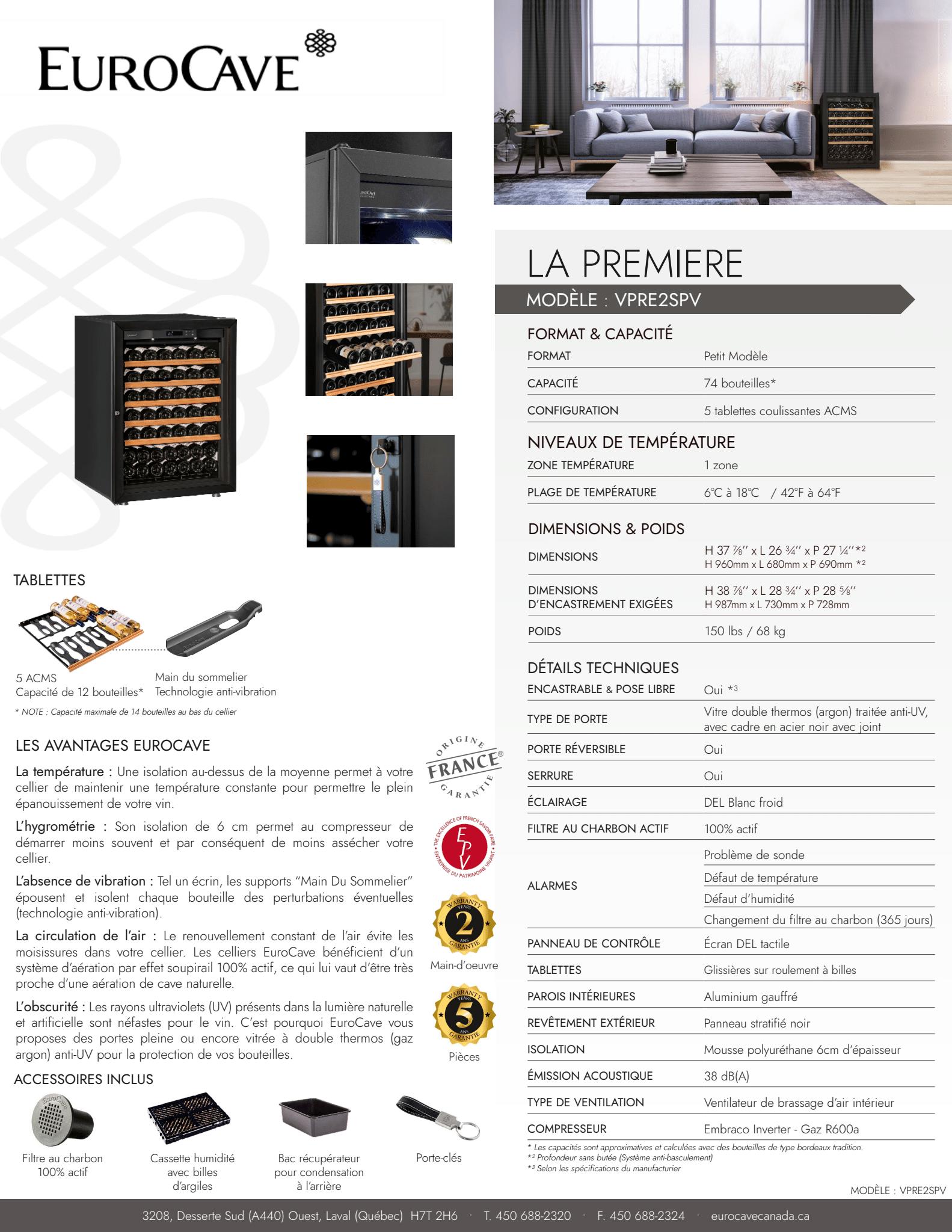 Fiche technique du cellier EuroCave La Première – Modèle Small 74 bouteilles, caractéristiques techniques et dimensions détaillées