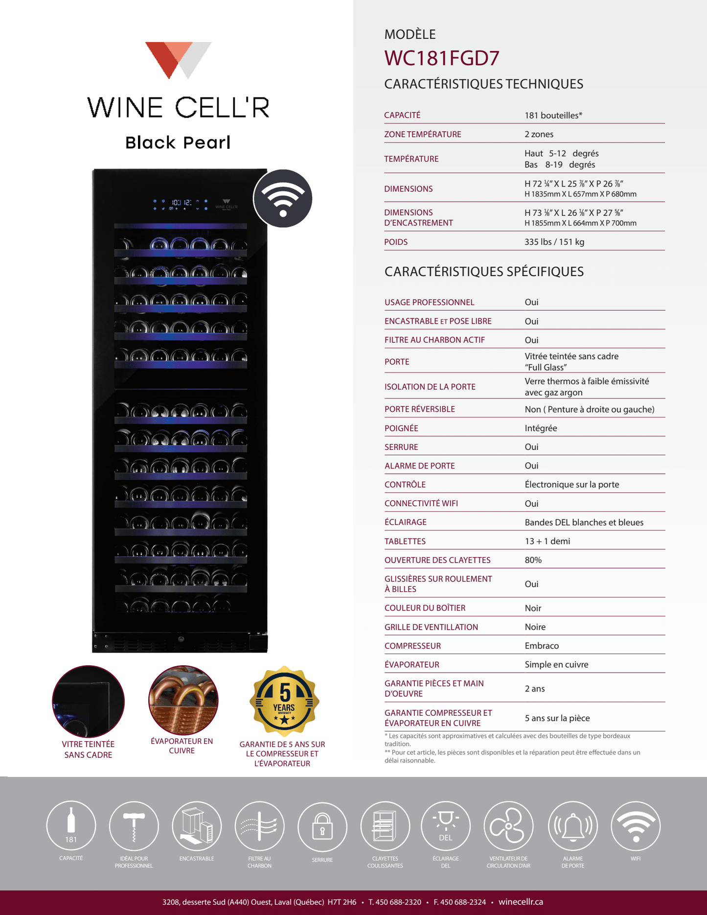 Série Black Pearl Cellier à double zone pour 181 bouteilles