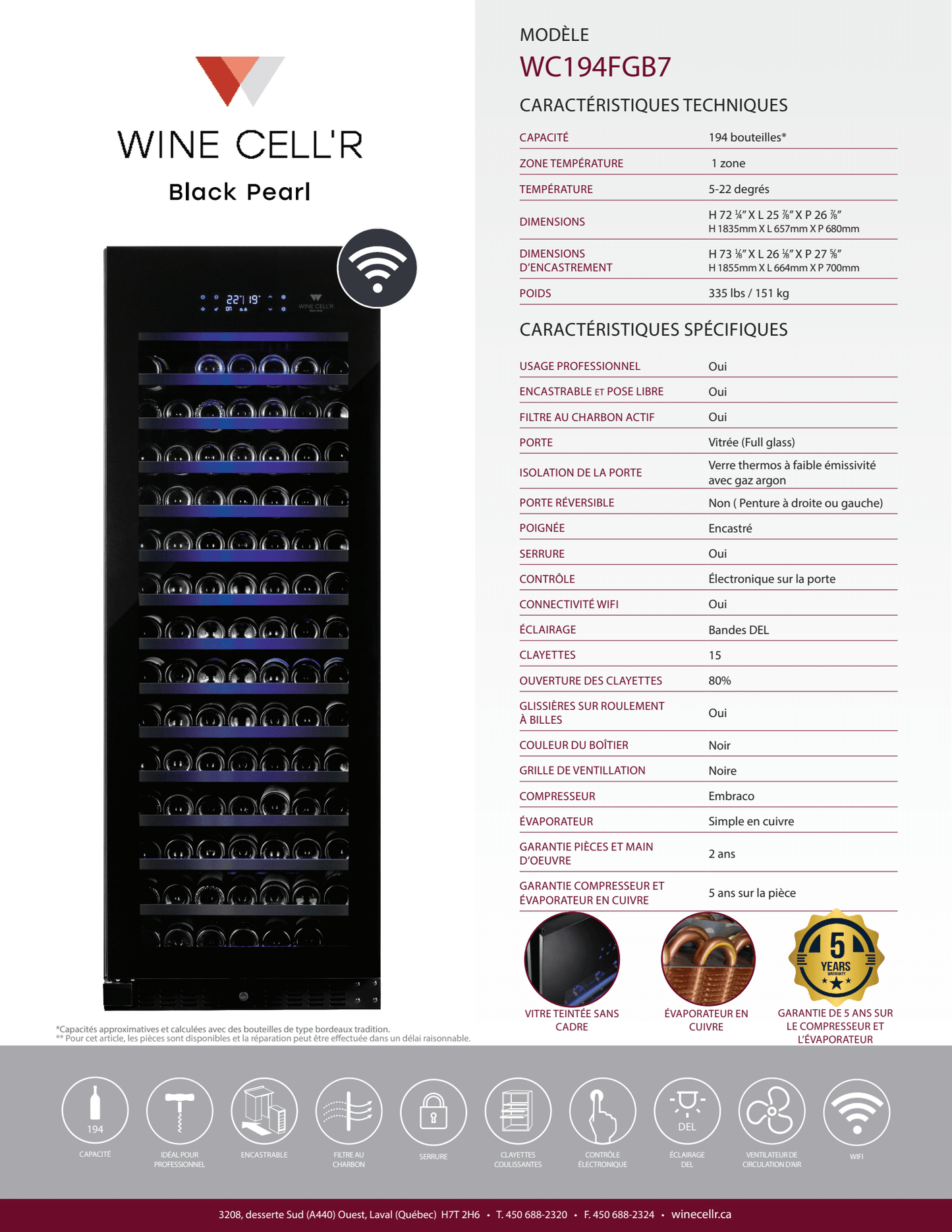 Série Black Pearl Cellier à 1 zone pour 194 bouteilles