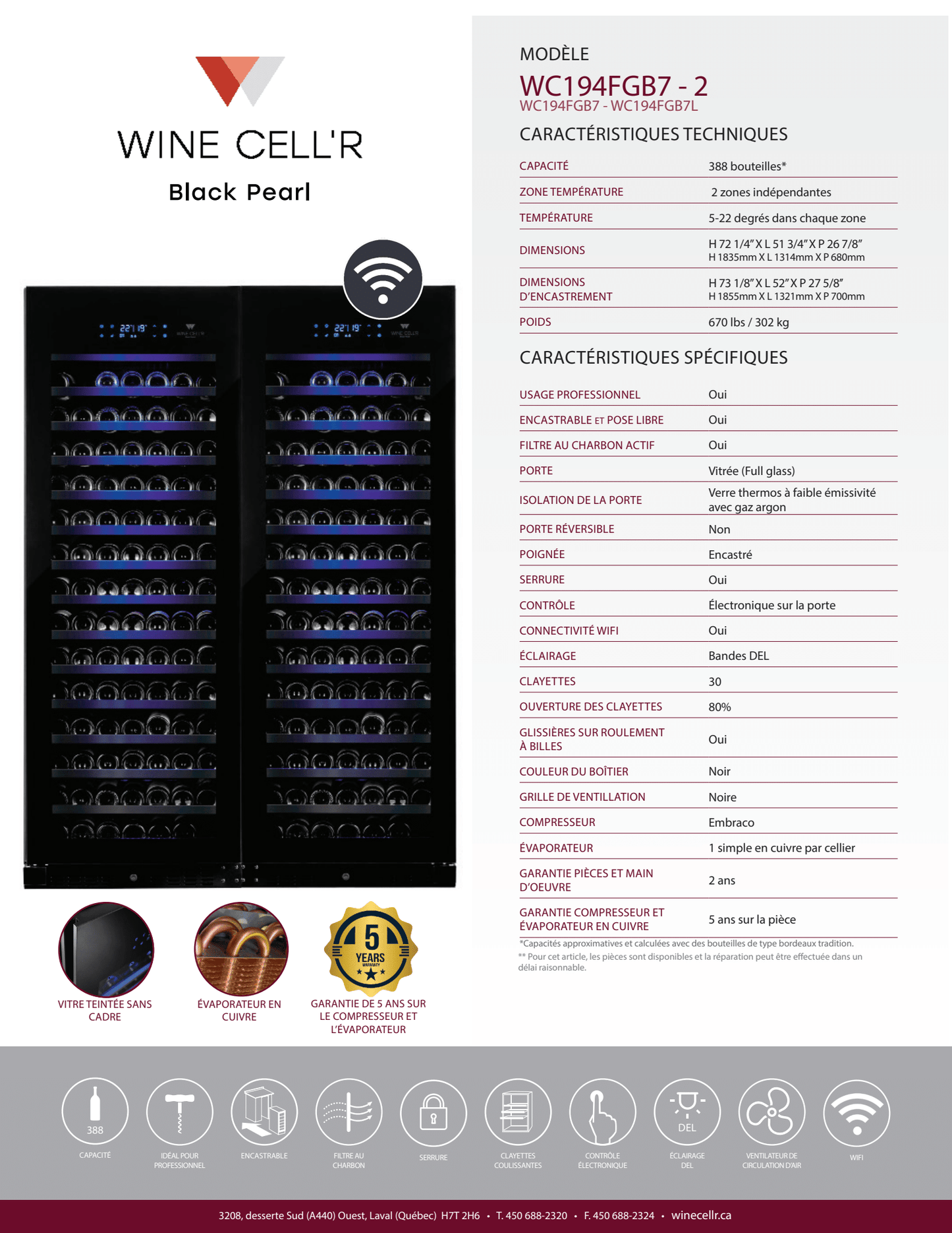 Série Black Pearl Cellier à double zone pour 388 bouteilles