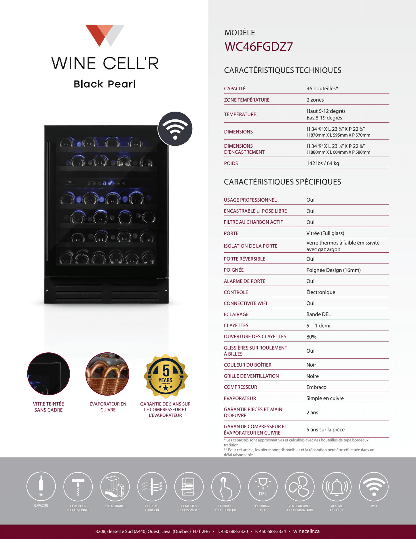 Série Black Pearl Cellier à double zone pour 46 bouteilles