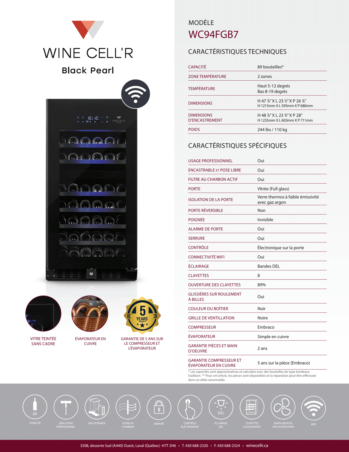 Wine Cell'R Cellier à vin Black Pearl de 89 bouteilles - Cellier Dépot