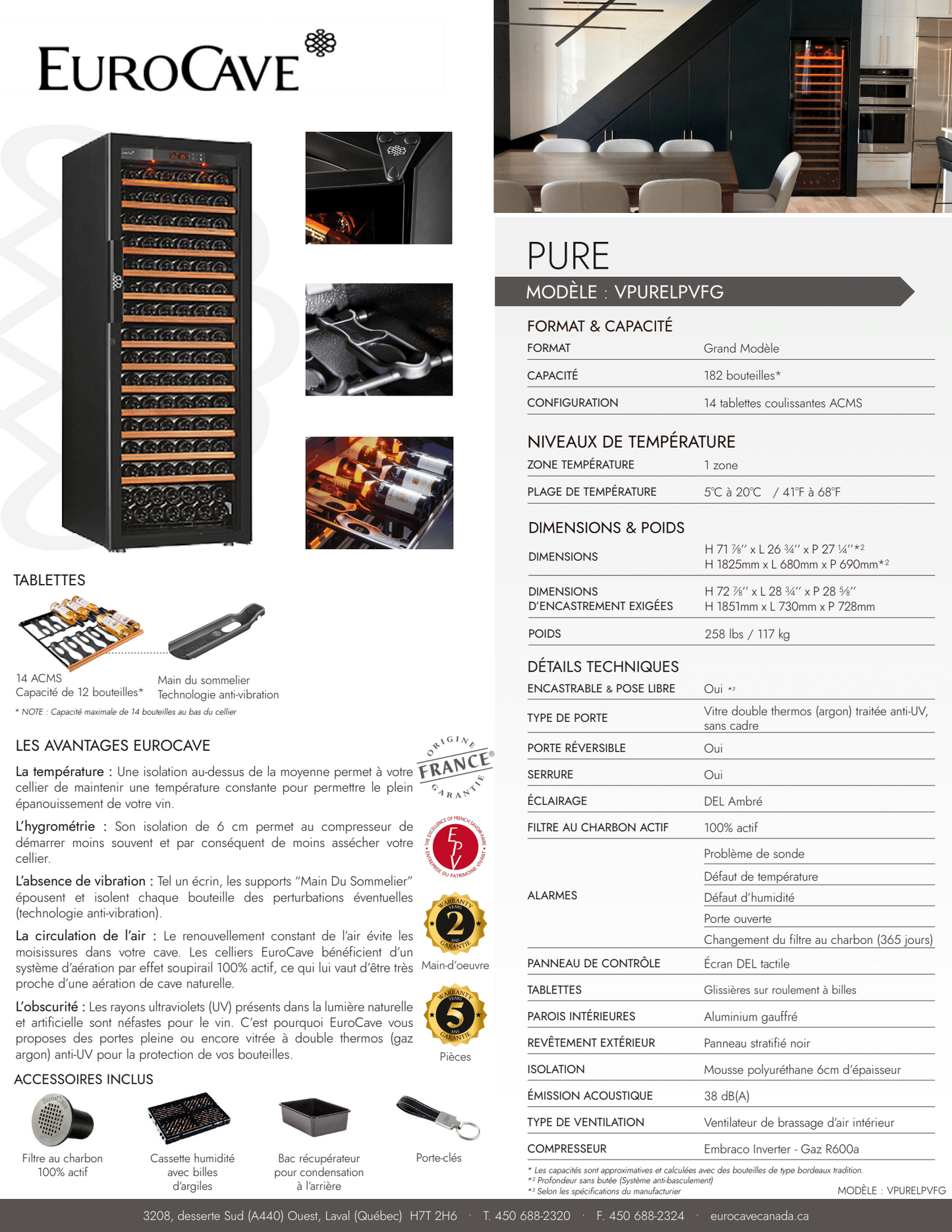 Cellier EuroCave Pure - Modèle Large - 182 Bouteilles
