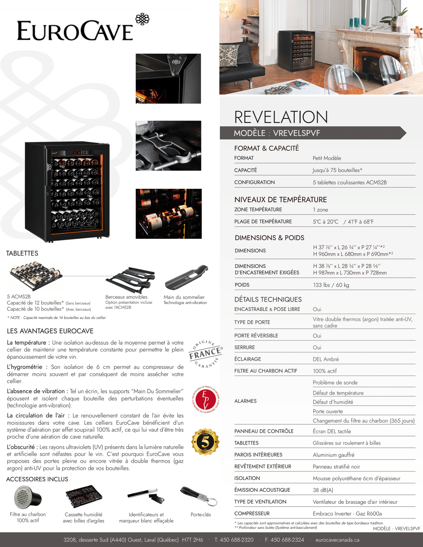 Cellier EuroCave Revelation - Modèle Small - 74 Bouteilles