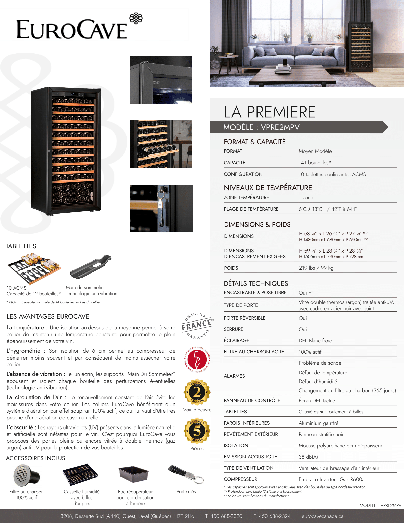 Fiche technique du cellier EuroCave La Première Medium – 141 bouteilles, caractéristiques et dimensions détaillées