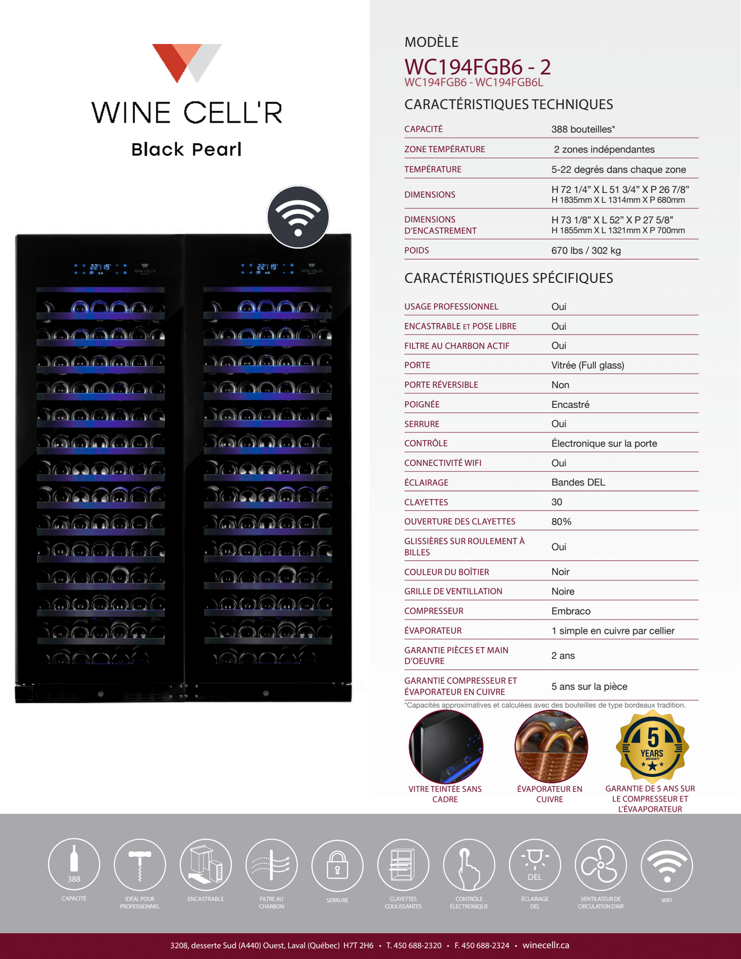 Série Black Pearl Cellier à double zone pour 388 bouteilles