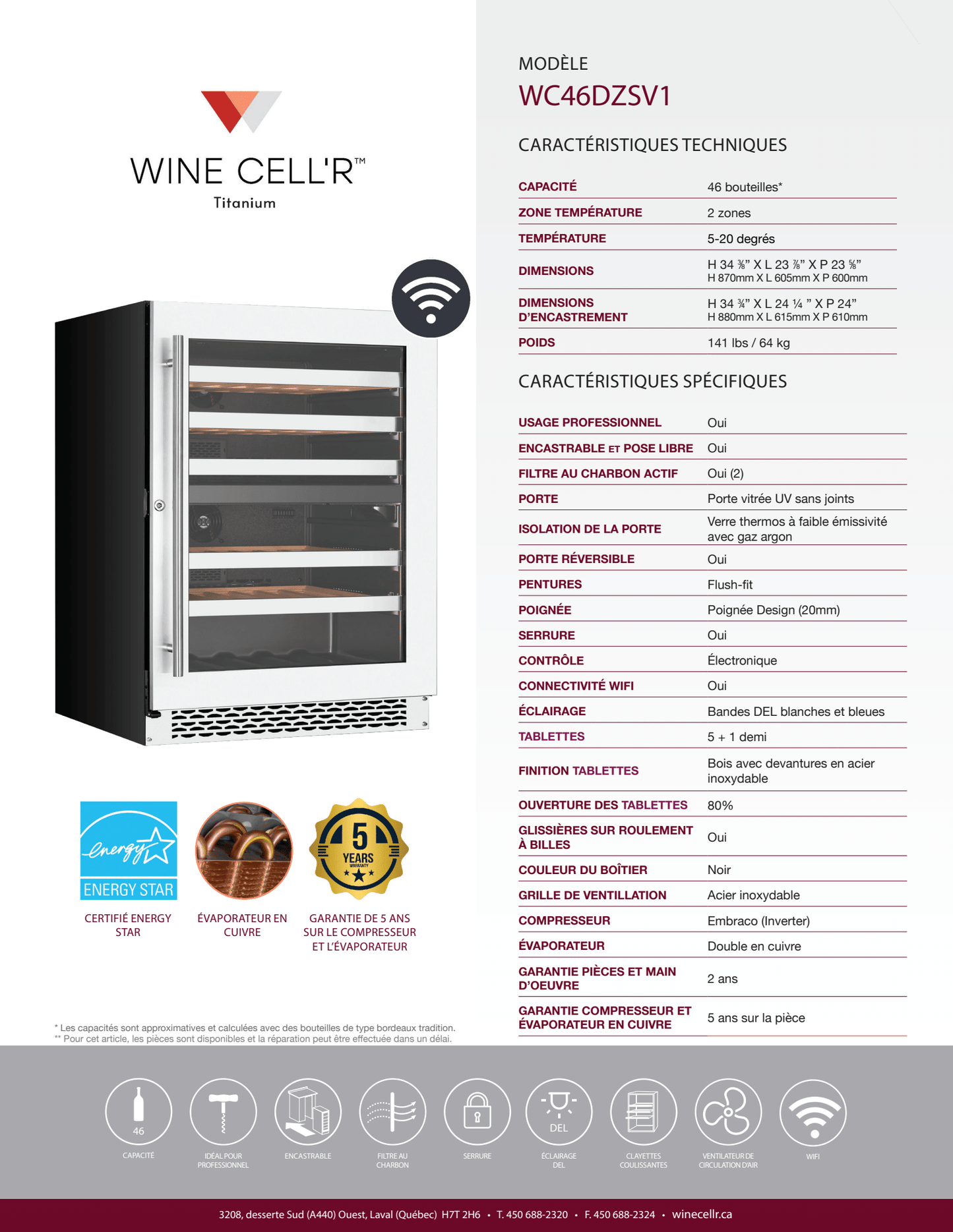 Série titanium Cellier à double zone pour 46 bouteilles