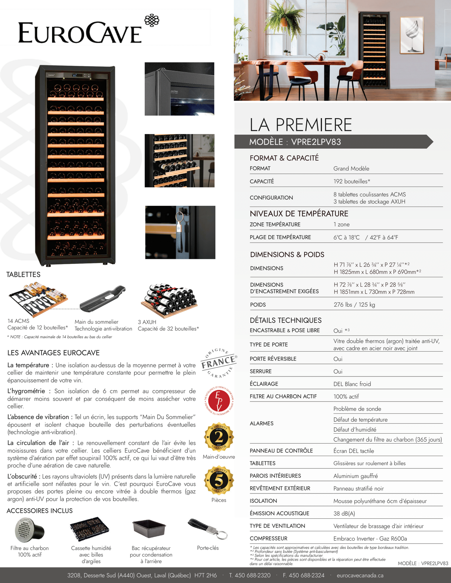 Cellier EuroCave La Première -  Modèle Large - 2 Zones de températures - 192 Bouteilles