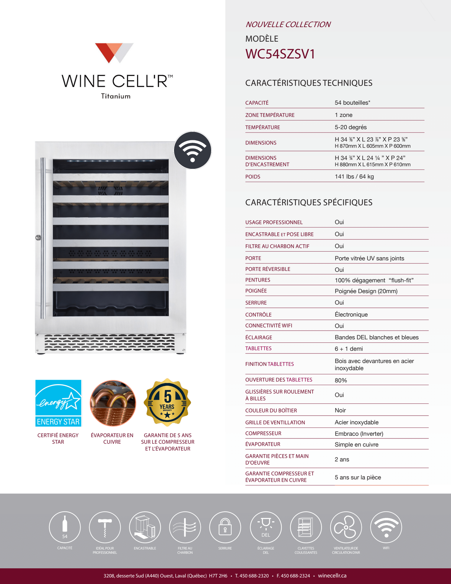 Cellier Wine Cell'R 54 bouteilles Collection Titane.
