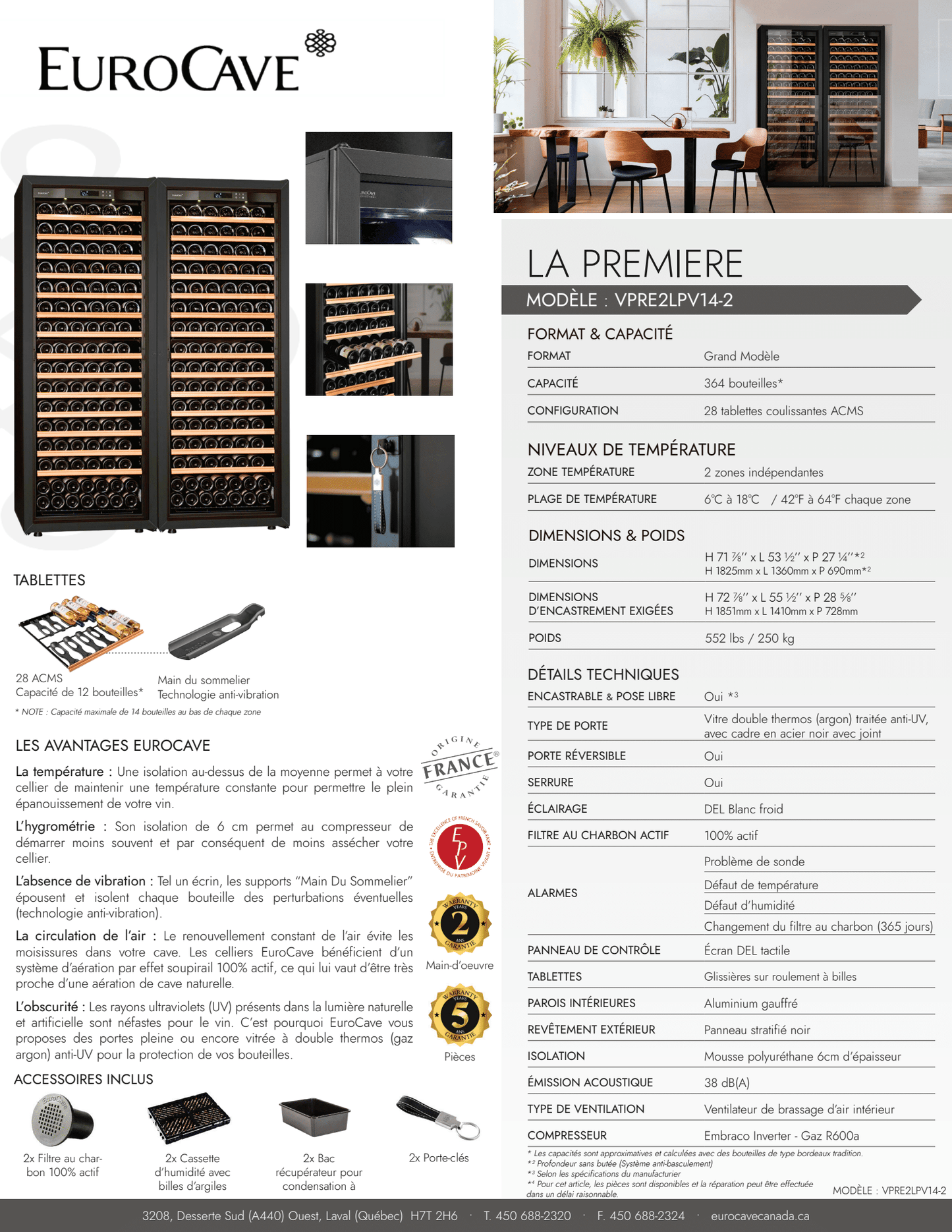 Cellier EuroCave La Première - Modèle Large - 2 Zones de Température - 364 Bouteilles