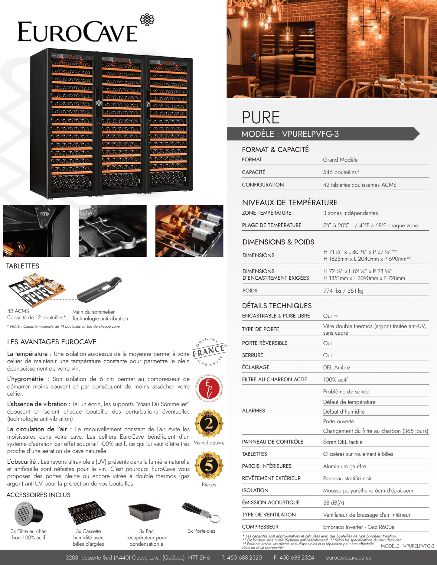 Cellier EuroCave Pure - Modèle Large - 546 Bouteilles - Cellier Dépot 