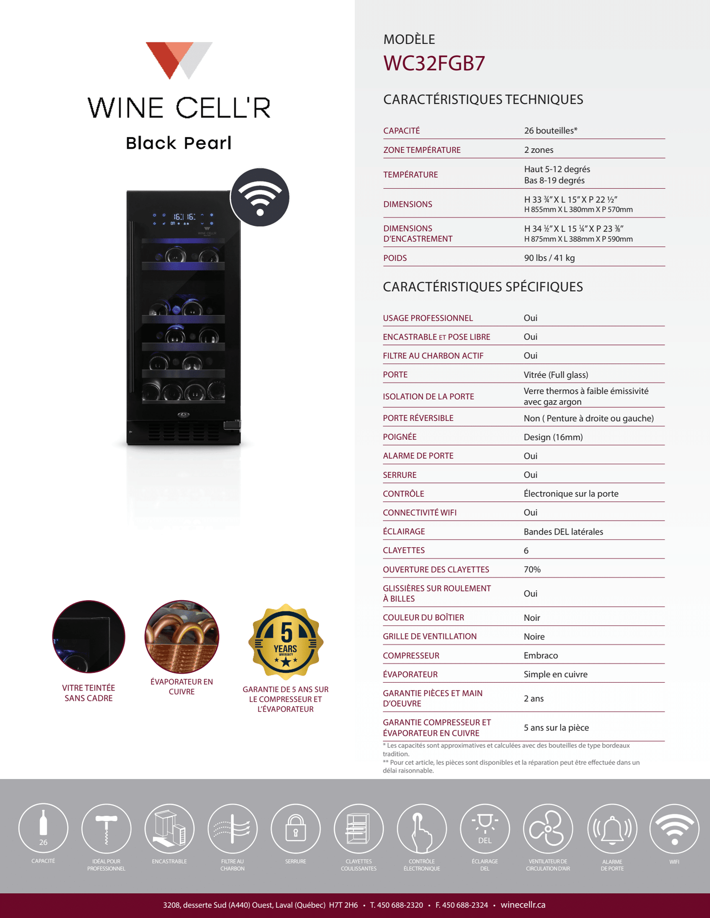 Série Black Pearl Cellier à double zone pour 26 bouteilles