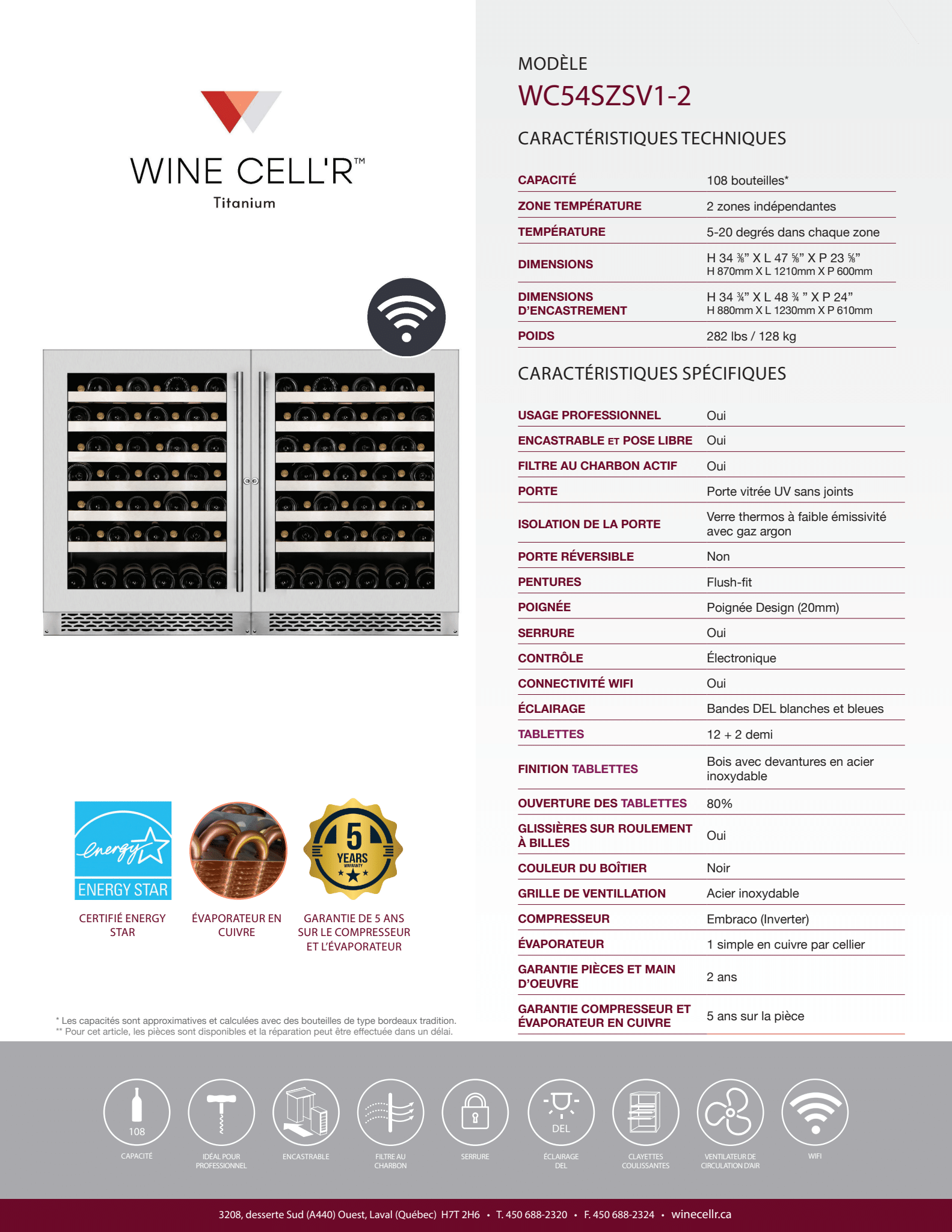 Wine Cell'R Cellier à vin Collection Titanium de 108 bouteilles avec Wi-Fi - Cellier Dépot 