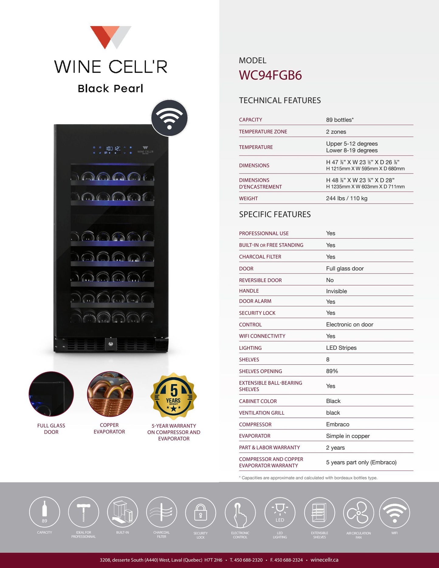 Wine Cell'R Cellier à vin Black Pearl de 89 bouteilles