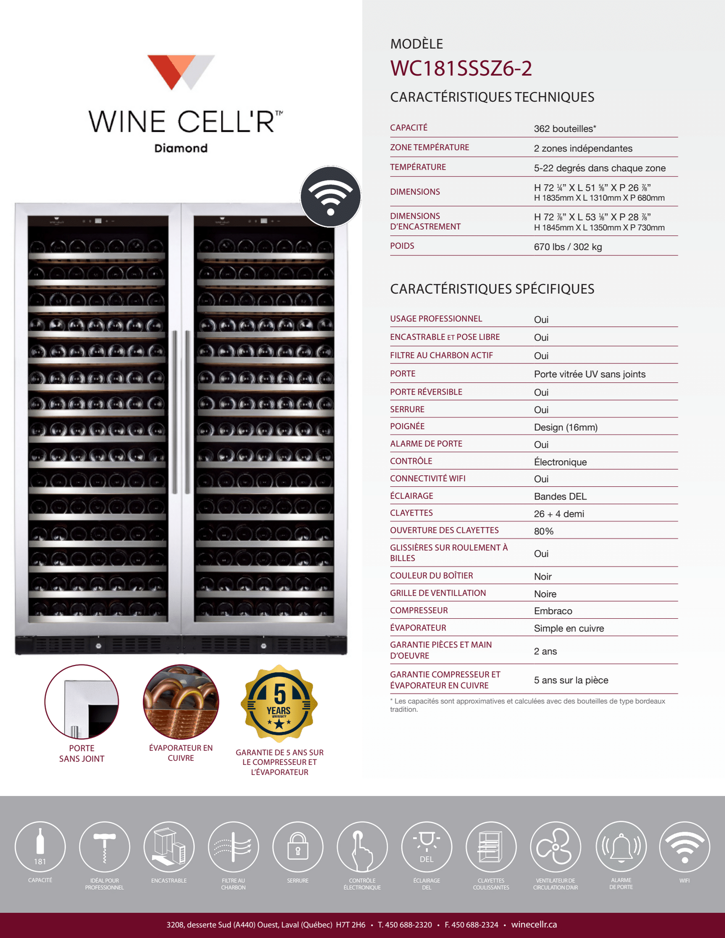 Série Diamond Cellier à double zone pour 362 bouteilles