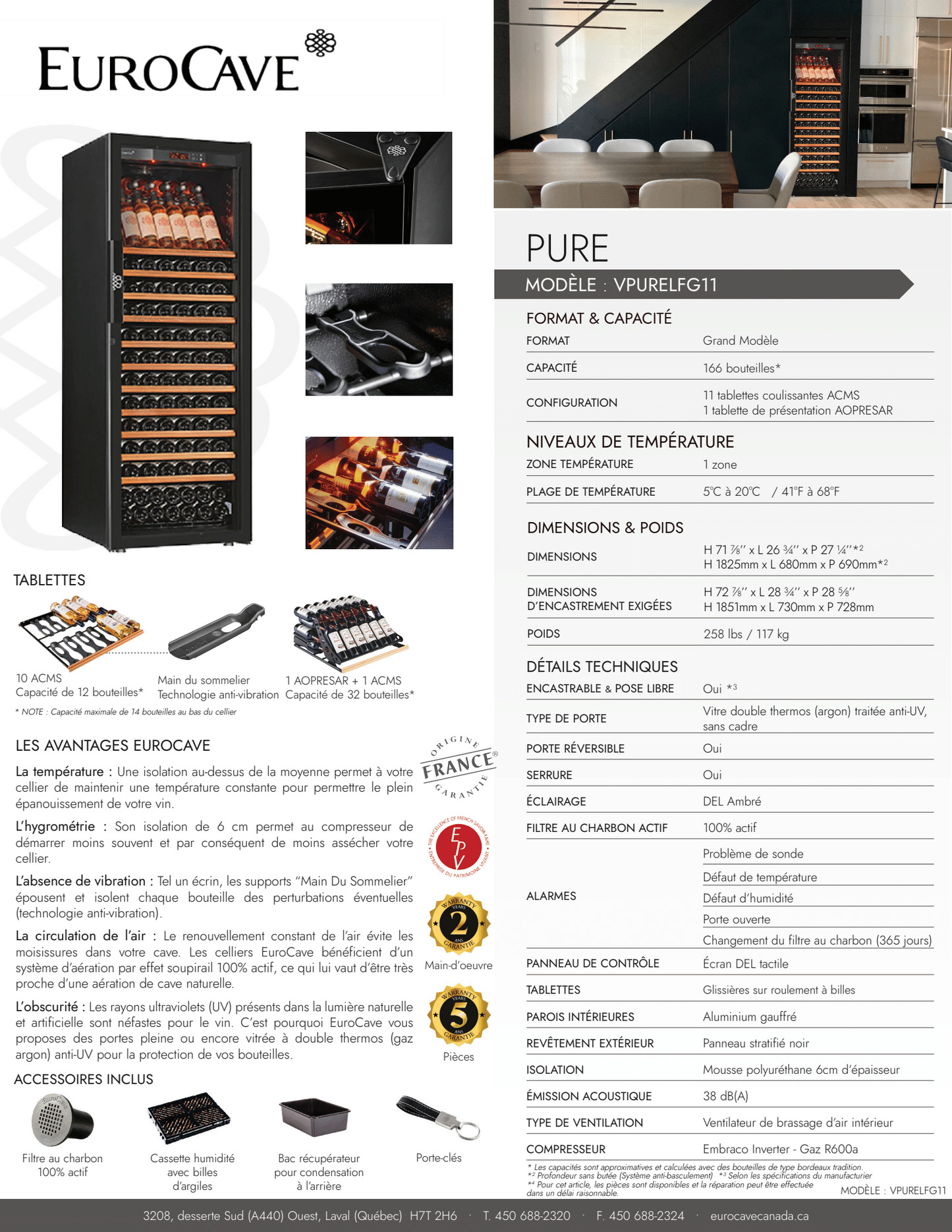 Cellier EuroCave Pure VPURELFG11 166 Bouteilles | Cave de Vieillissement 1 Zone Encastrable - Cellier Dépot 