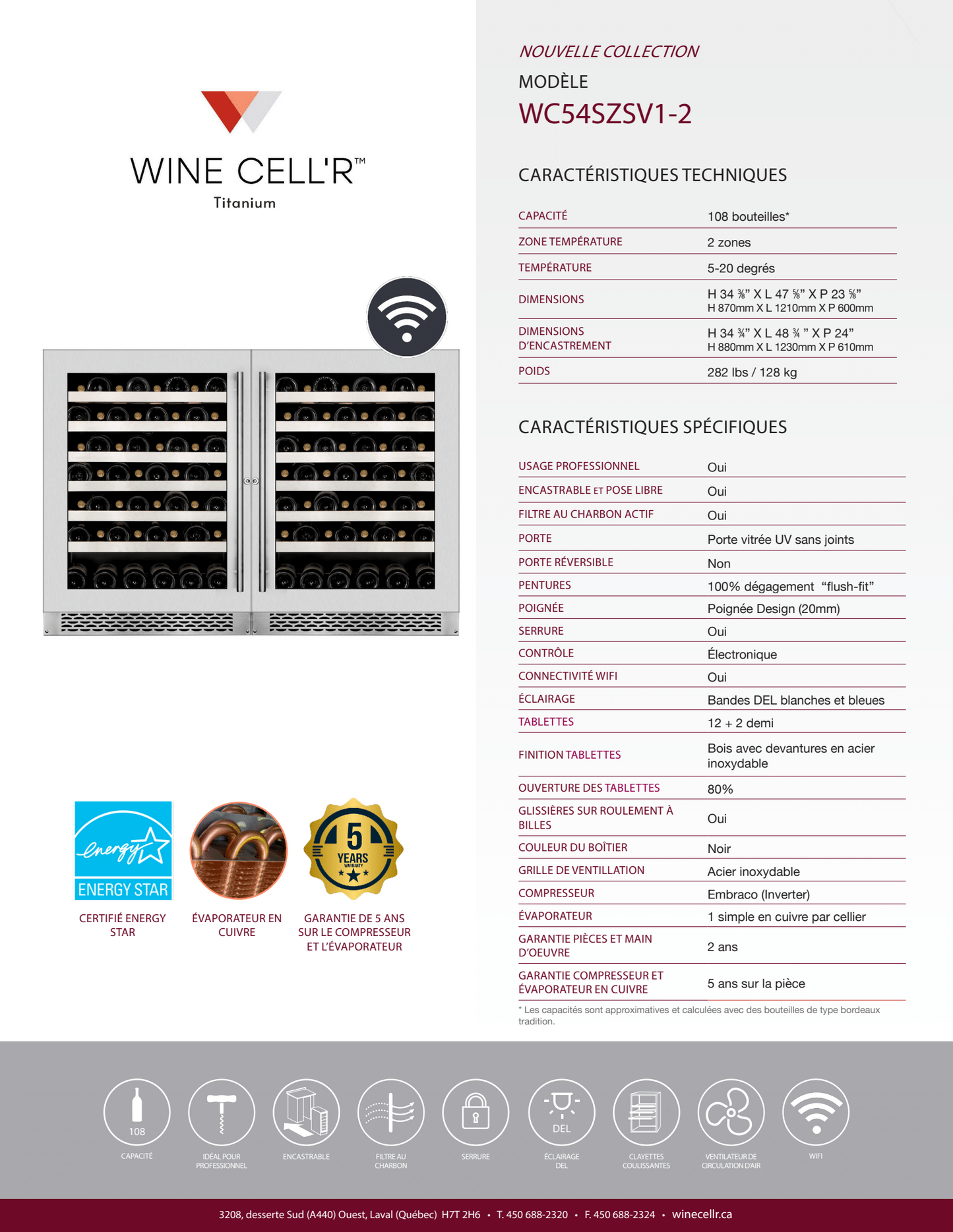 Wine Cell'R Titanium Collection 108-Bottle Wine Cellar with Wi-Fi 