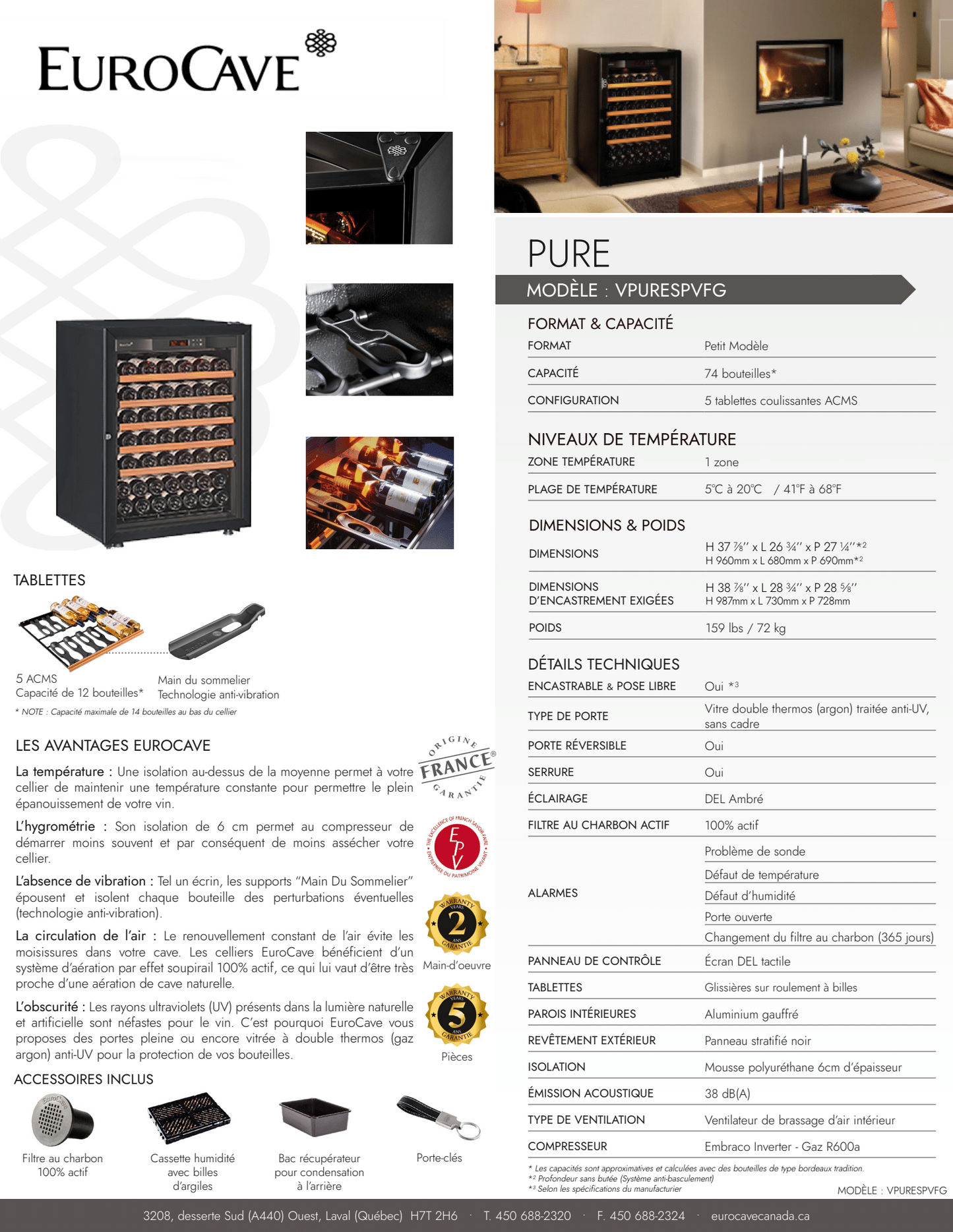 Cellier EuroCave Pure - Modèle Small - 74 Bouteilles